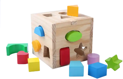 A shape sorting toy made out of wood, with coloured pieces